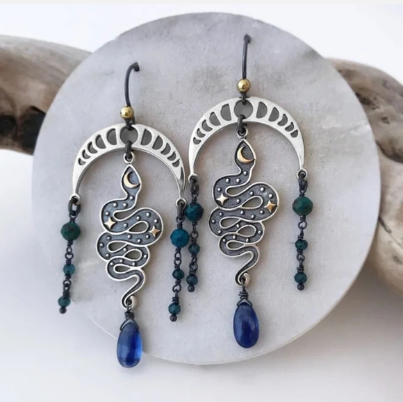 Fun Moonphase serpent π &vintage venetian midnight gem earrings - Picture 6 of 10